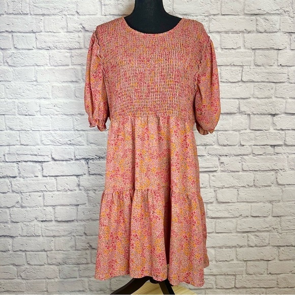 Wild Fable Pink Floral Fit & Flare Ruffle Puff Sleeve Tiered Smocked Dress XXL - Picture 2 of 15